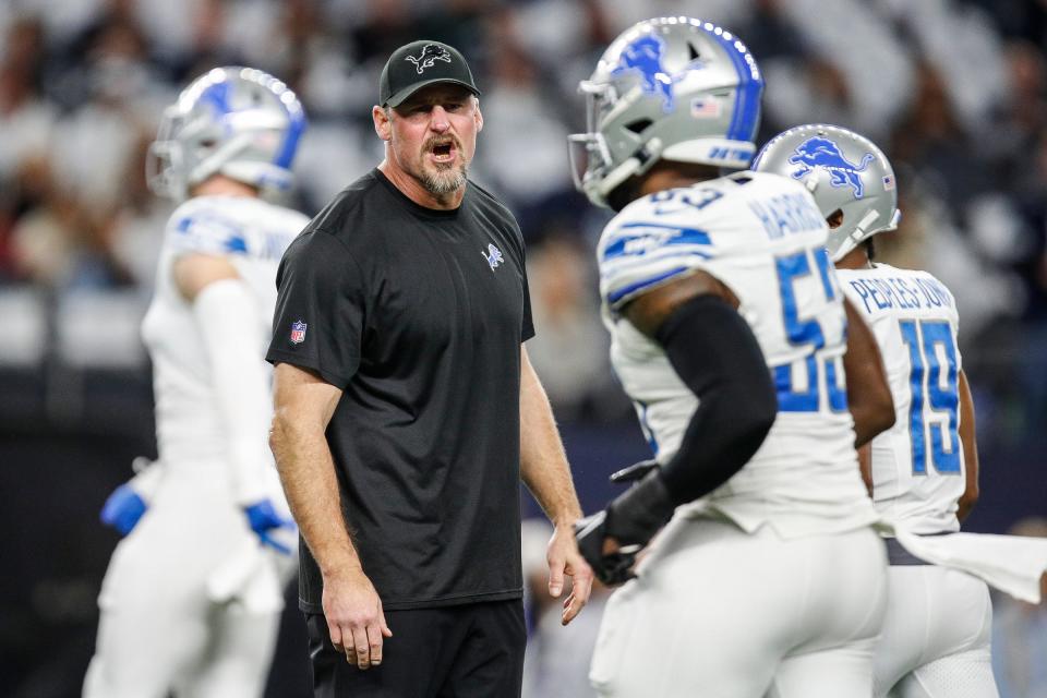 Detroit Lions head coach Dan Campbell during warmups before the Dallas Cowboys game at AT&T Stadium in Arlington, Texas on Saturday, Dec. 30, 2023.
