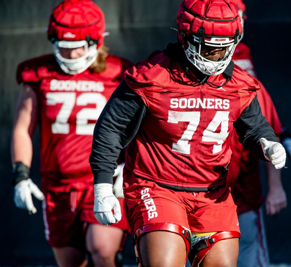 OU offensive lineman Marcus Alexander (74) works out during practice on March 24 in Norman.