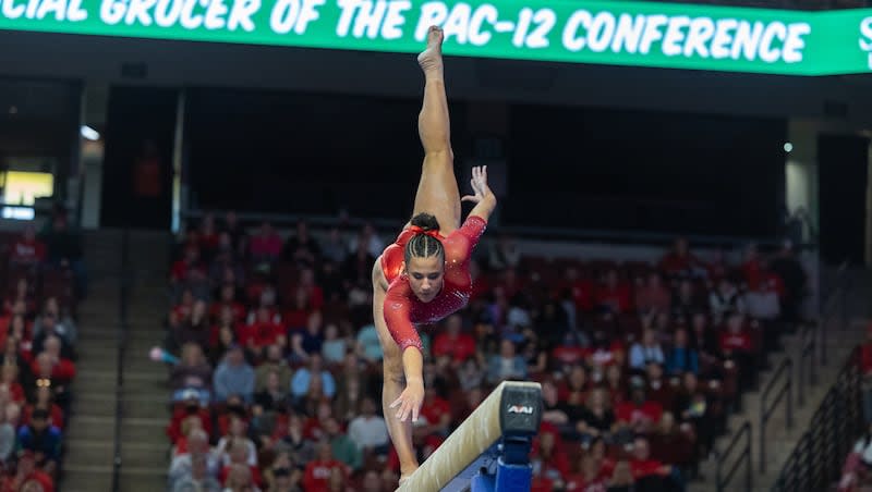 Utah’s Amelie Morgan performs her beam routine during the Pac-12 Gymnastics Championships at the Maverik Center in West Valley City on March 18, 2023. Morgan returned to Elite competition over the weekend at the English Gymnastics Championships and starred, looking arguably better than she ever has.