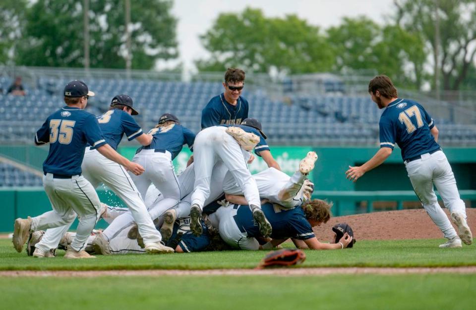 Bald Eagle Area baseball celebrates their 11-0 win over Mount Union in the PIAA Class 2A championship game at Medlar Field on Saturday, June 17, 2023.