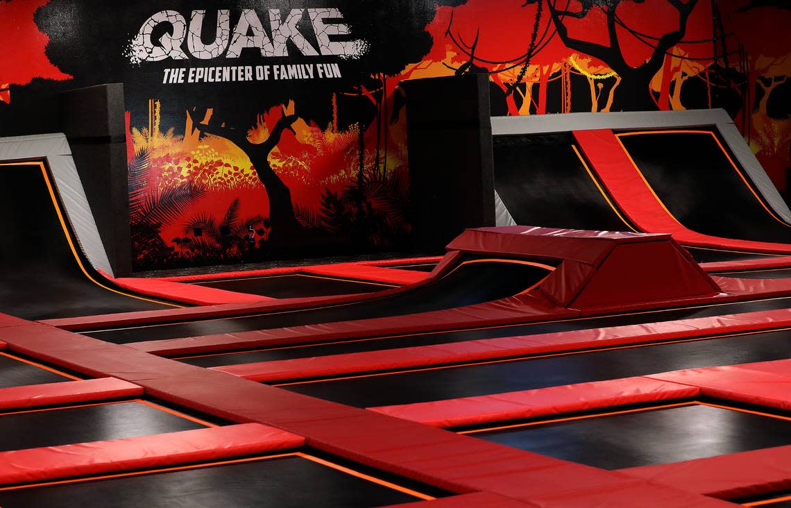 Bright colors and bold graphics decorate the trampoline deck in the Quake Family Fun Center in west Kennewick.