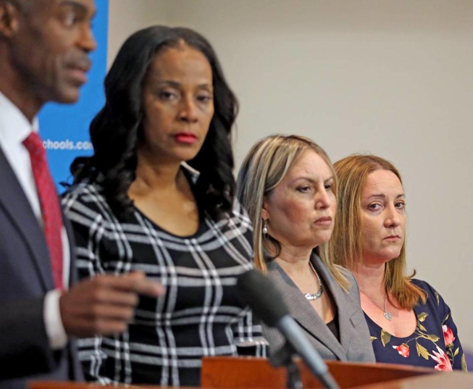 Broward County School Board member Lori Alhadeff, far right, whose daughter Alyssa was killed during the Feb. 14, 2018, massacre at Marjory Stoneman Douglas High in Parkland, listens as Superintendent Robert Runcie provides a progress report on safety recommendations outlined in the Marjory Stoneman Douglas High School Public Safety Commission’s report. The update came during a news conference on Jan. 17, 2019. Alhadeff is flanked on her right by board members Patricia Good and Rosalind Osgood.