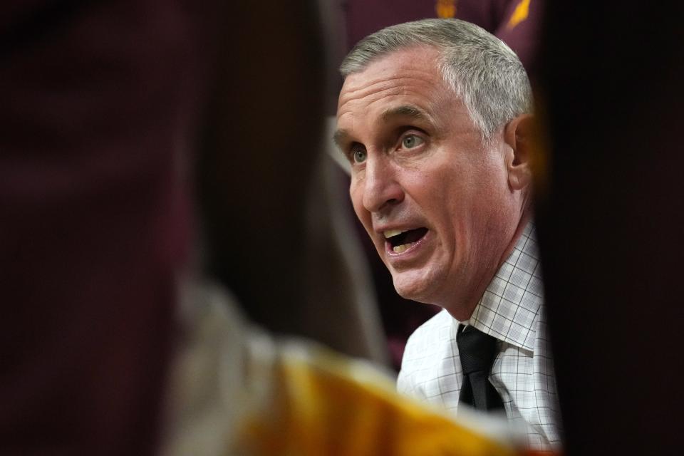 Nov 10, 2022; Tempe, Arizona, USA; ASU Sun Devils head coach Bobby Hurley talks to his team during a timeout in their game against the NAU Lumberjacks at Desert Financial Arena.