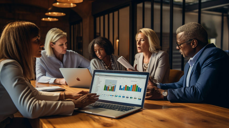 HR management team reviewing resumes on a computer.