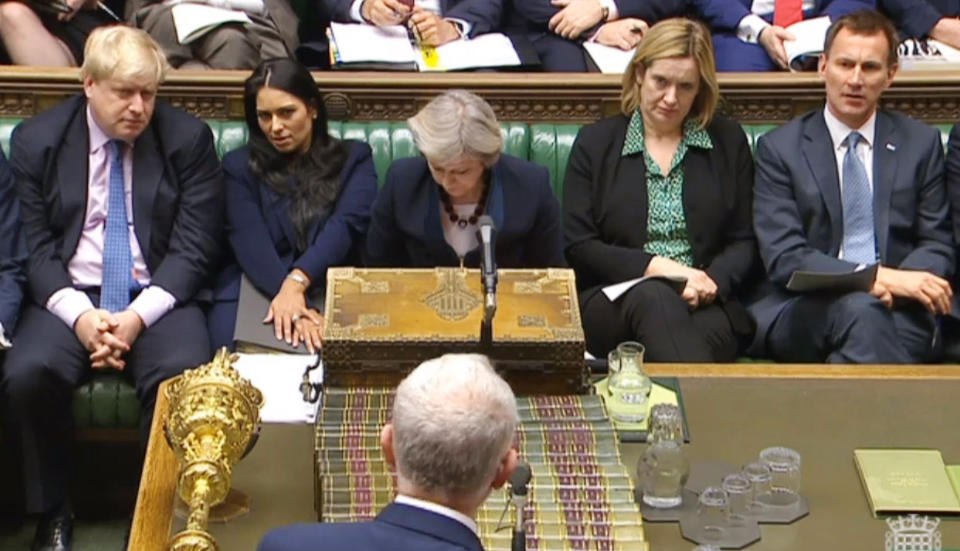 (Left-right) Foreign Secretary Boris Johnson, International Development Secretary Priti Patel, Prime Minister Theresa May, Home Secretary Amber Rudd and Health Secretary Jeremy Hunt during Prime Minister's Questions in the House of Commons, London.