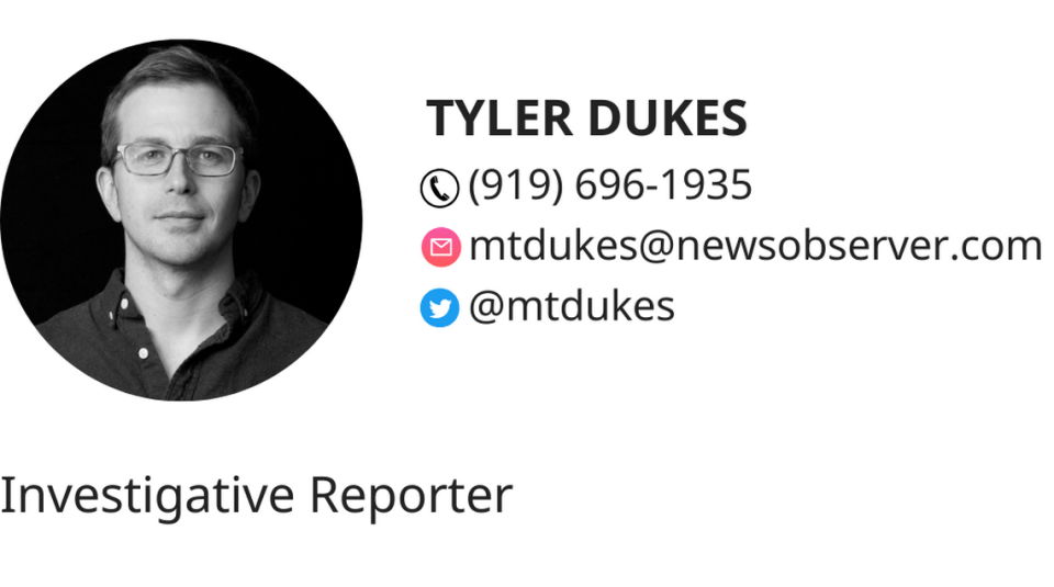 Tyler Dukes is an investigative reporter for The News & Observer who specializes in data and public records. In 2017, he completed a fellowship at the Nieman Foundation for Journalism at Harvard University. Prior to joining the N&O, he worked as an investigative reporter at WRAL News in Raleigh. He is a graduate of North Carolina State University and grew up in Elizabeth City.