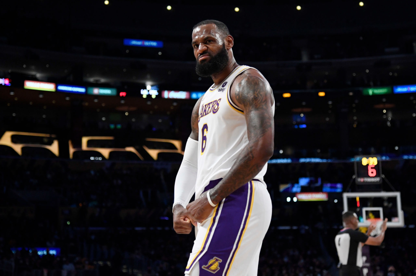 LOS ANGELES, CA - DECEMBER 12: LeBron James #6 of the Los Angeles Lakers reacts after scoring a basket.