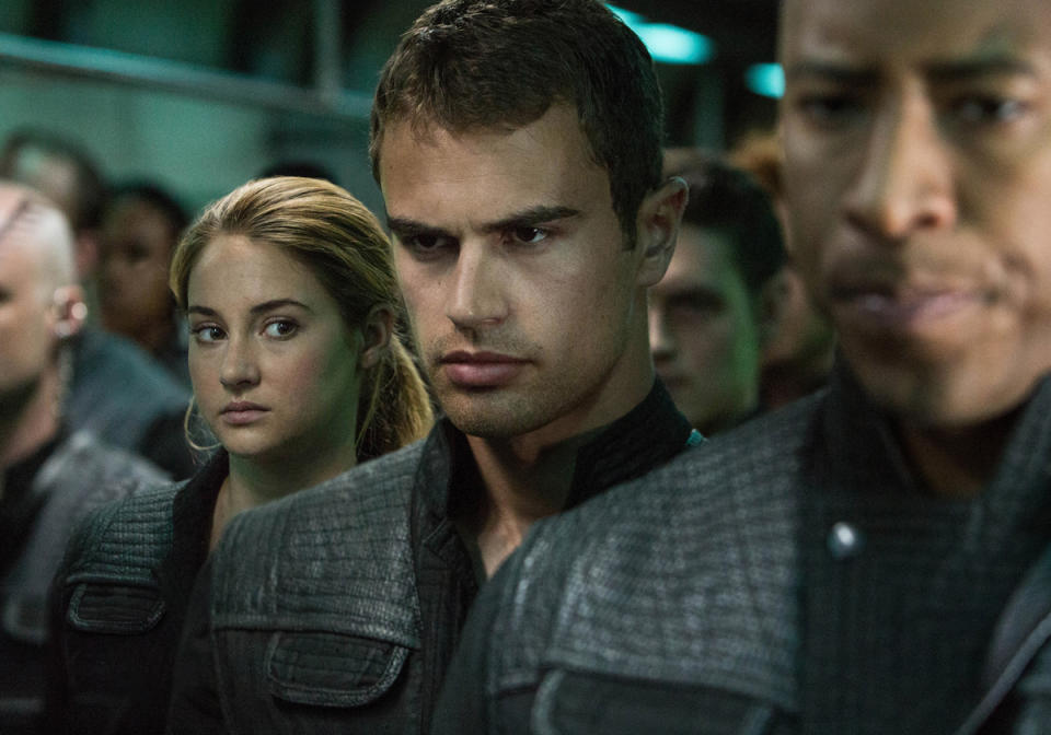 This image released by Summit Entertainment shows Shailene Woodley, left, and Theo James in a scene from "Divergent." (AP Photo/Summit Entertainment, Jaap Buitendijk)