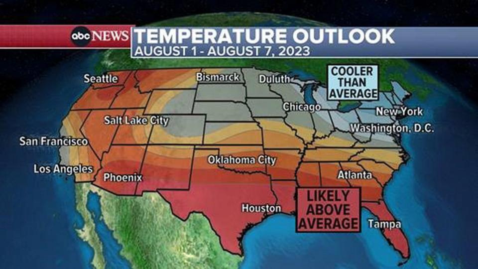 PHOTO: A map shows the forecasted temperature outlook for the Unites States during Aug. 1-7, 2023. (ABC News)