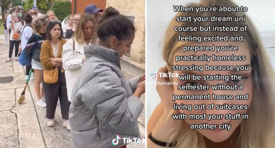 Left: a line of prospective tenants waits for an open home. Right: TikTok user Holly explains her struggles as a student trying to find a unit.