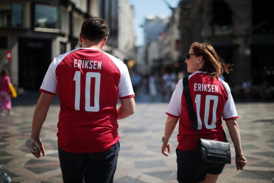 Denmark fans wearing Christian Eriksen shirts in Copenhagen on Thursday.