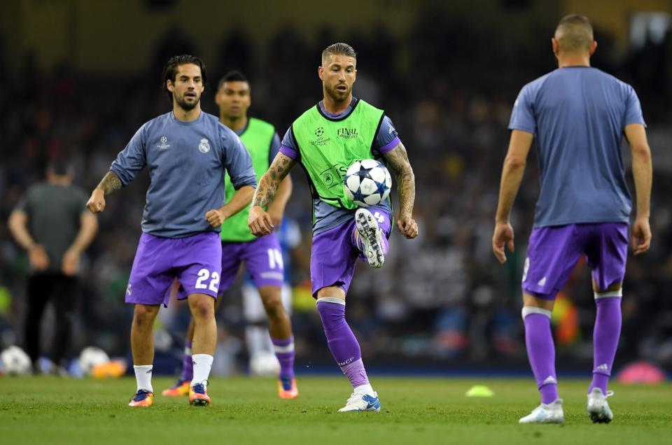 <p>Sergio Ramos of Real Madrid warms up prior to the UEFA Champions League Final between Juventus and Real Madrid at National Stadium of Wales on June 3, 2017 in Cardiff, Wales </p>