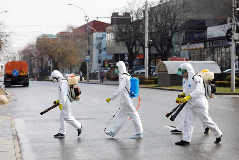 Specialists sanitize public facilities to prevent the spread of coronavirus disease in Stavropol