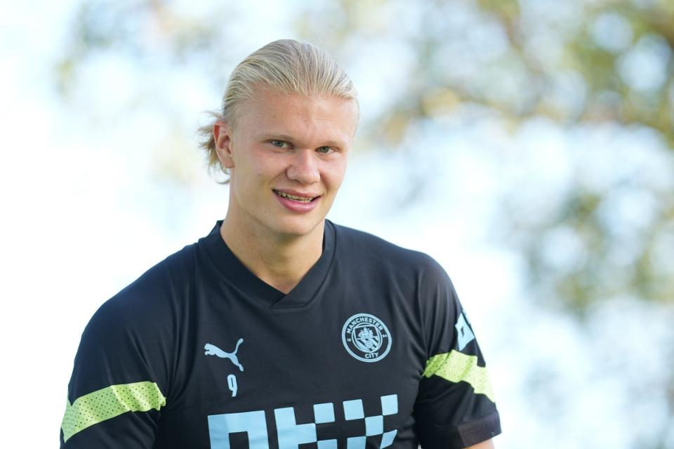 Manchester City striker Erling Haaland could be rested against Barcelona (Manchester City FC via Getty Images)