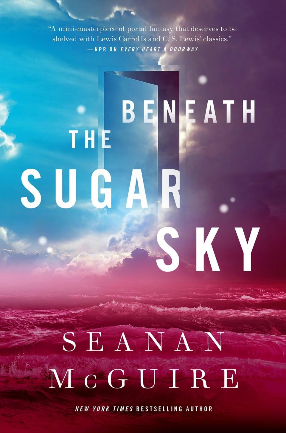 The cover for Beneath the Sugar Sky shows the title and a doorway in a sunset candyfloss sky