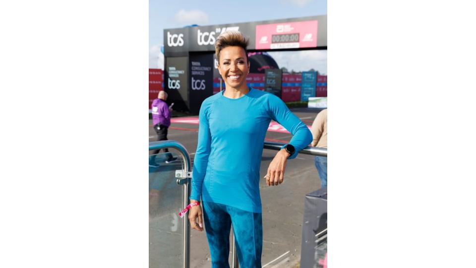 Kelly Holmes in blue at the London Marathon 2024