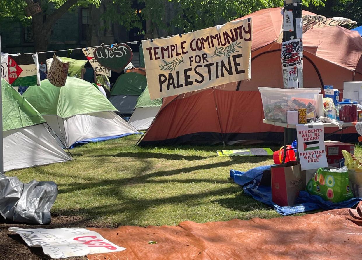 Scene at University of Pennsylvania, in Philadelphia on May 2, 2024, pro-Palestinian encampment similar to a number of universities across the United States.