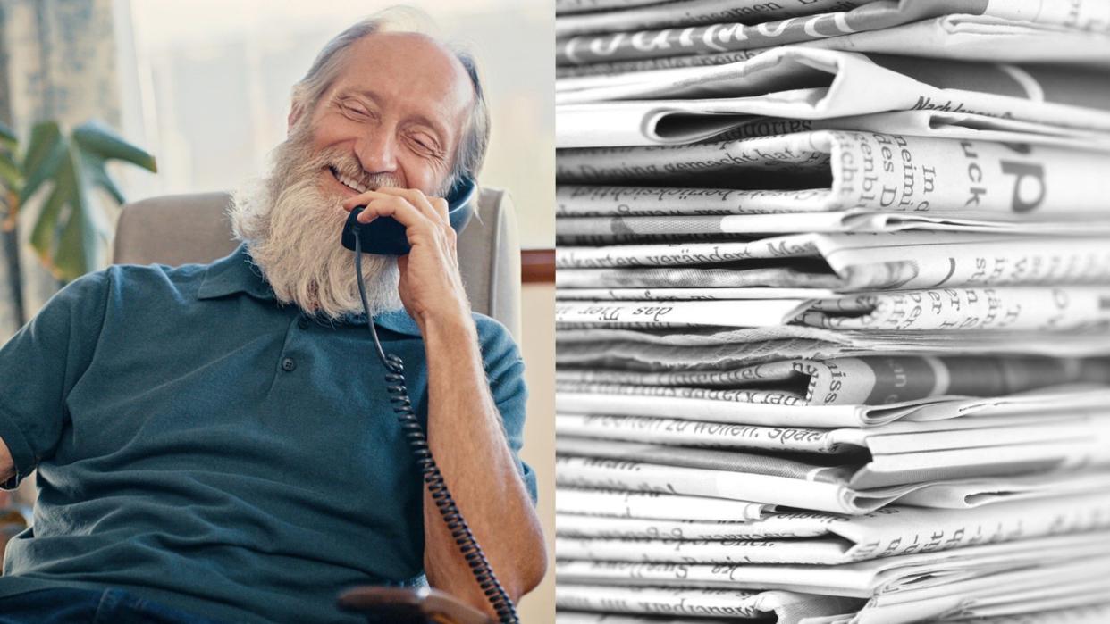 An image of a boomer on landline next to an image of newspapers.