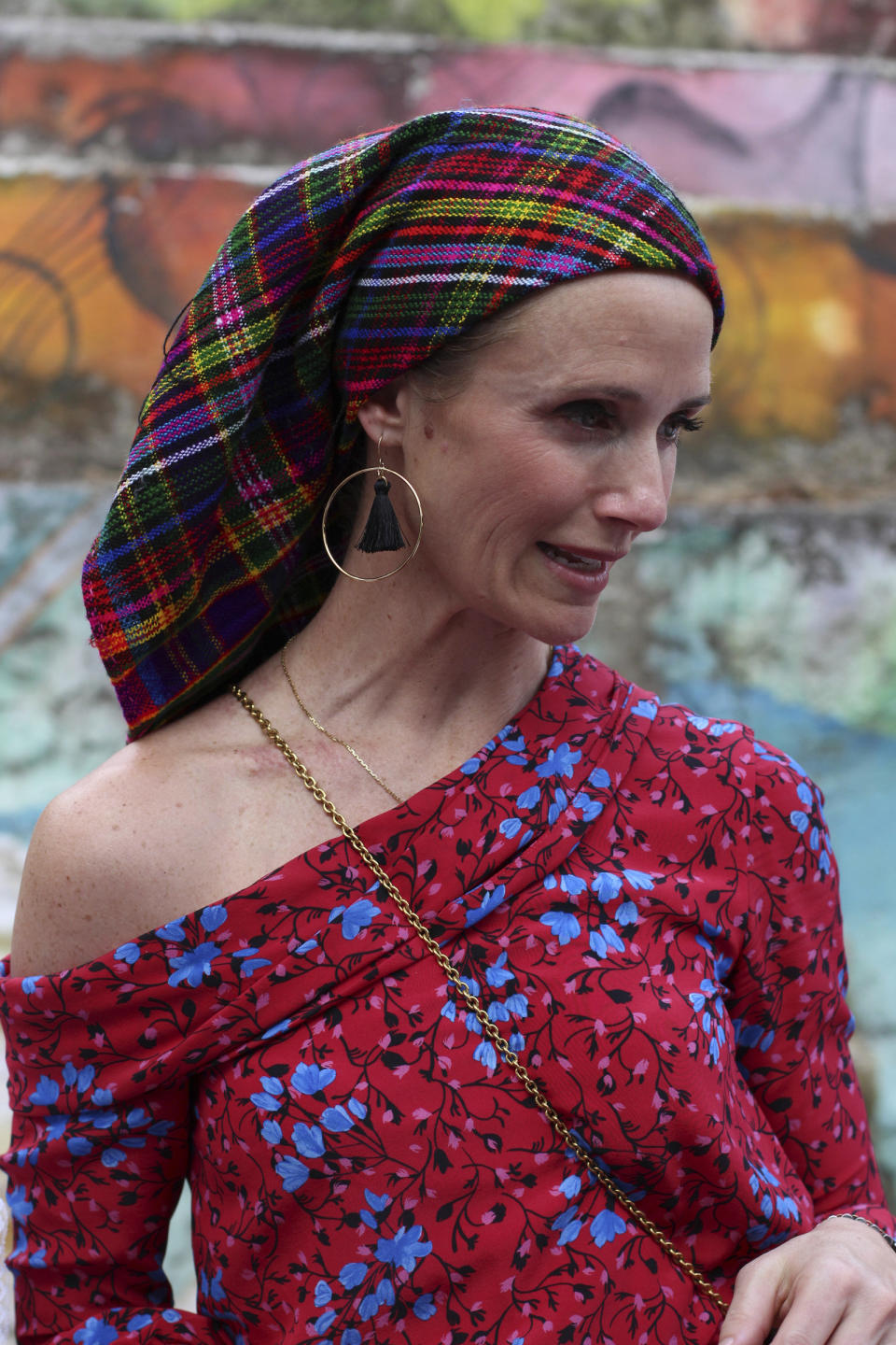 Jennifer Siebel Newsom, wife of California Gov. Gavin Newsom, wears a traditional Panchimalco shawl, which is worn by women in the last century, during a visit to Panchimalco, the home of indigenous Salvadorans, El Salvador, Monday, April 8, 2019. The governor and his wife later watched performances at a cultural center that aims to teach children traditional crafting, song and dance to help them build job skills in Panchimalco, a rural community surrounded by largely gang-controlled areas. (AP Photo/Salvador Melendez)