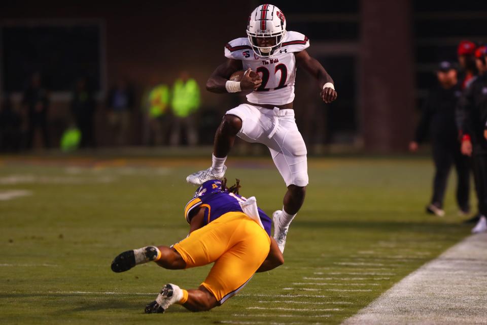 Images from Gardner-Webb football's trip to East Carolina on Sept. 23, 2023. The Runnin' Bulldogs lost the game, 44-0.