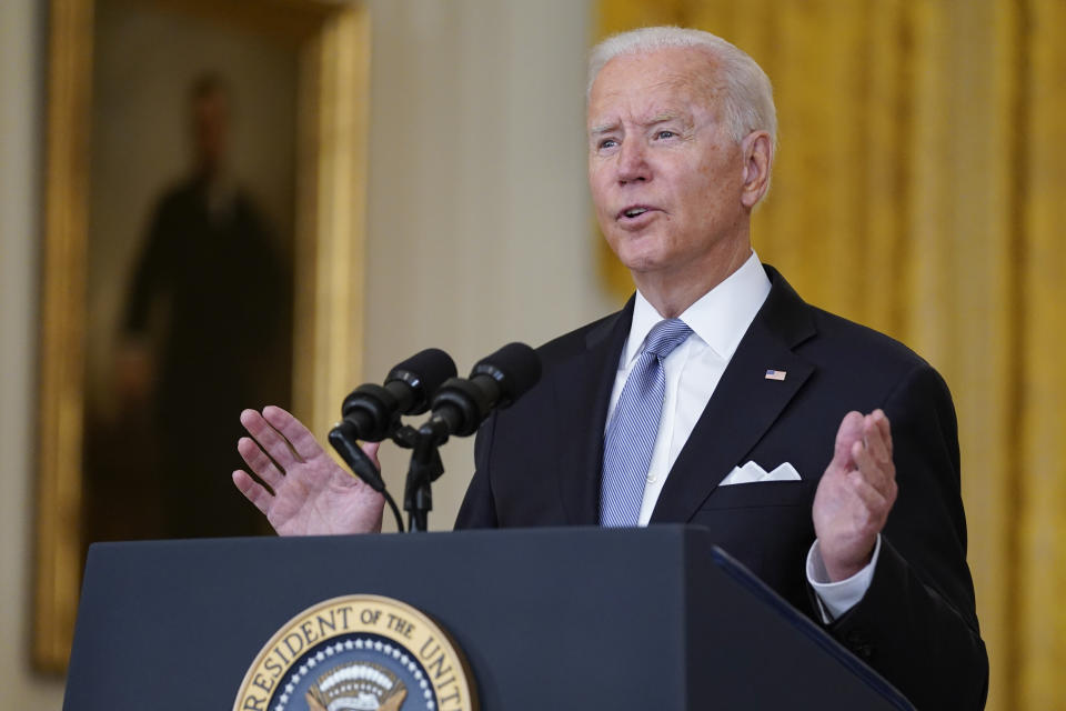 President Joe Biden speaks about Afghanistan from the East Room of the White House, Monday, Aug. 16, 2021, in Washington. (AP Photo/Evan Vucci)