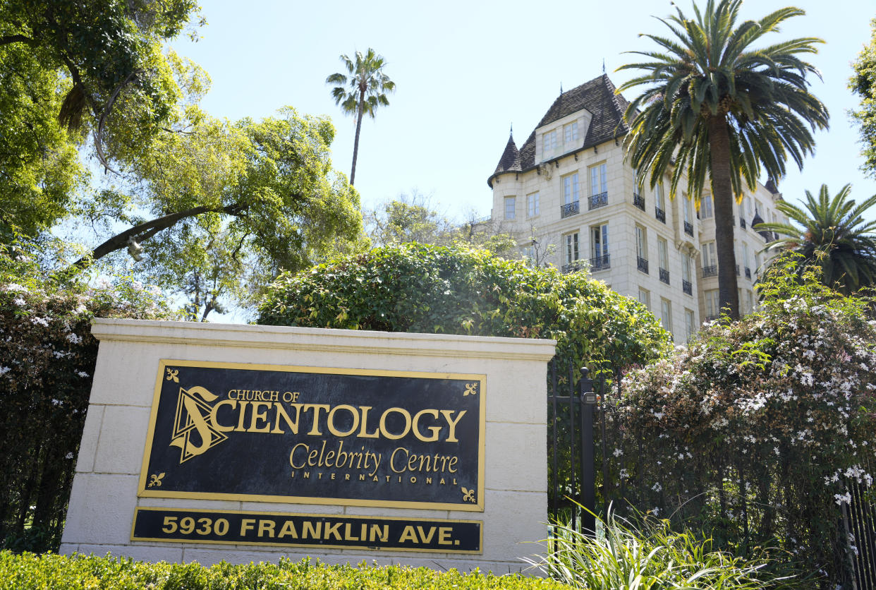 The Church of Scientology Celebrity Centre, with a sign for it in front, in Hollywood, Calif.