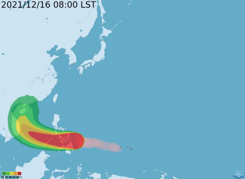 雷伊在過去24小時內從熱帶風暴增強為具有「潛在災難性」的颱風。（圖／中央氣象局提供）