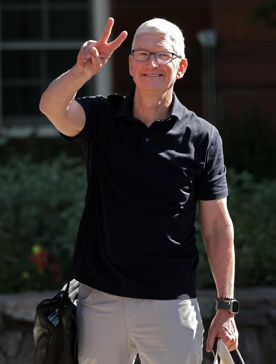 CEO of Apple Tim Cook arrives at the Sun Valley Lodge for the Allen & Company Sun Valley Conference on July 11, 2023 in Sun Valley, Idaho.