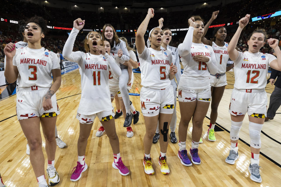 Maryland players celebrate their victory over Notre Dame and advancing to the Elite Eight after a Sweet 16 college basketball game at the NCAA Tournament in Greenville, S.C., Saturday, March 25, 2023. (AP Photo/Mic Smith)