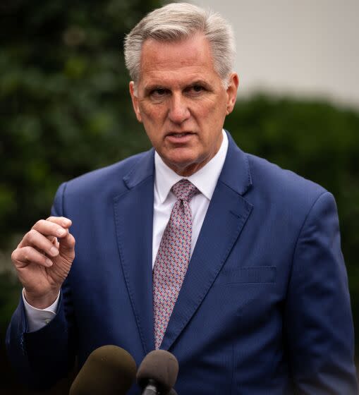 WASHINGTON, DC - NOVEMBER 29: House Minority Leader Kevin McCarthy (R-CA) speaks to the press outside the West Wing after meeting with President Joe Biden and other congressional leaders in the Roosevelt Room of the White House on Tuesday, Nov. 29, 2022 in Washington, DC. President Biden met with Senate and House leaders to discuss the legislative agenda for the remained of the year. (Kent Nishimura / Los Angeles Times)