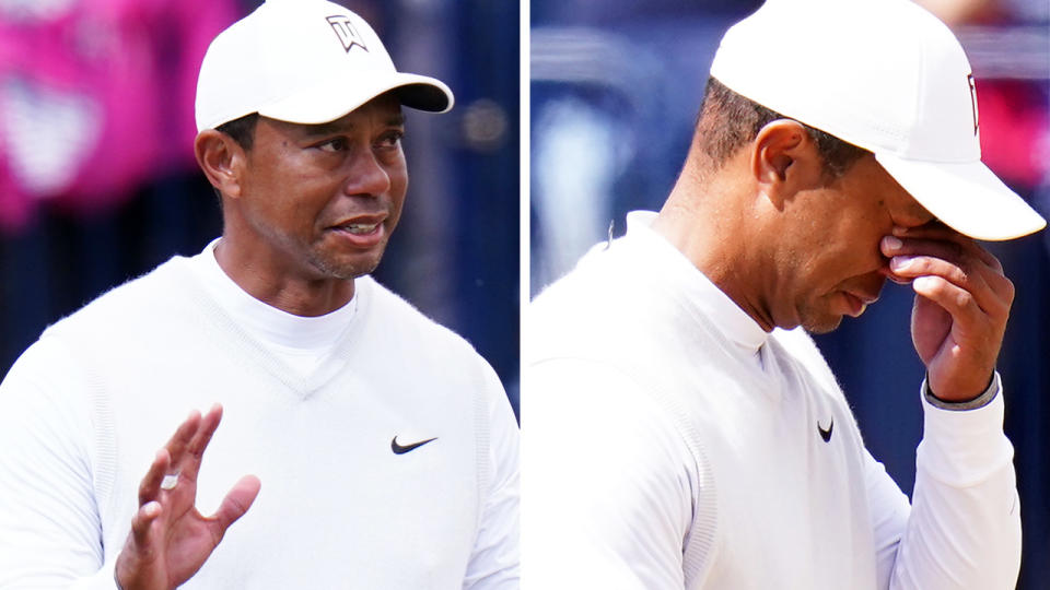 Tiger Woods is pictured getting emotional as British Open fans give him a standing ovation.