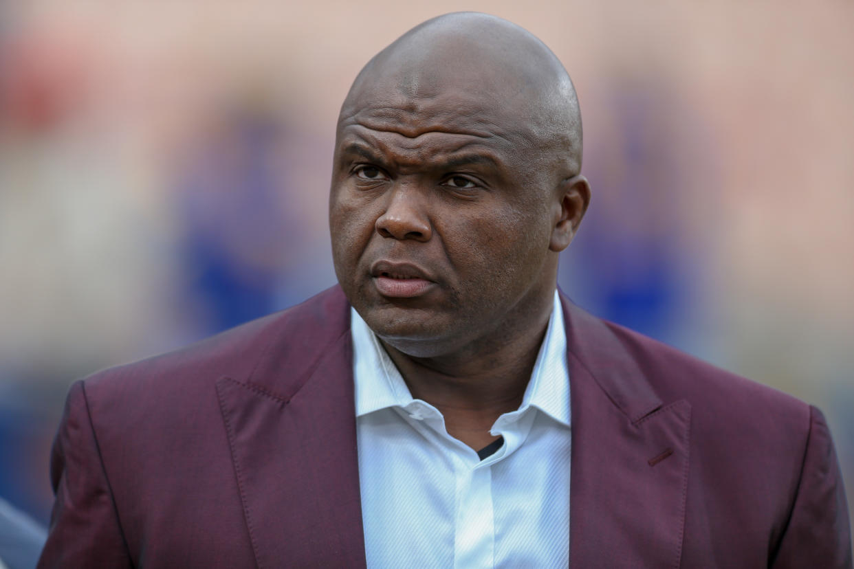 ESPN analyst Anthony Darelle "Booger" McFarland before a NFL game between the Kansas City Chiefs and the Los Angeles Rams on November 19, 2018 at the Los Angeles Memorial Coliseum in Los Angeles, CA. (Photo by Jordon Kelly/Icon Sportswire via Getty Images)