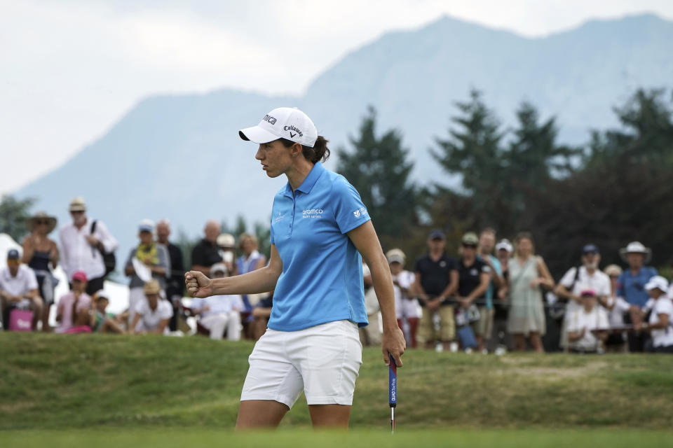 Carlota Ciganda, of Spain, celebrates after playing on the 5th hole during the Evian Championship women's golf tournament in Evian, eastern France, Saturday, July 23, 2022. (AP Photo/Laurent Cipriani)