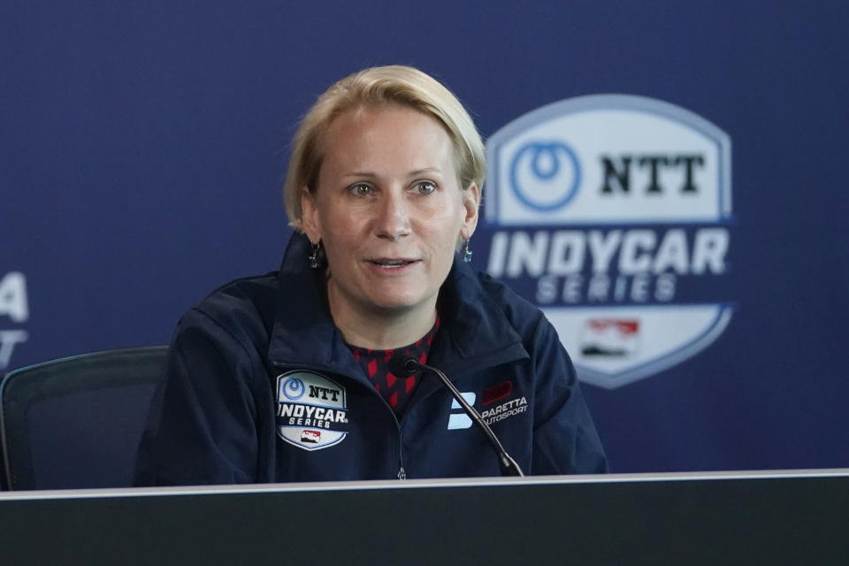 Beth Paretta speaks during a news conference at the Indianapolis Motor Speedway, Tuesday, Jan. 19, 2021, in Indianapolis. Paretta and Swiss driver Simona de Silvestro are teaming up to put a female-run race team in this year's Indianapolis 500. (AP Photo/Darron Cummings)