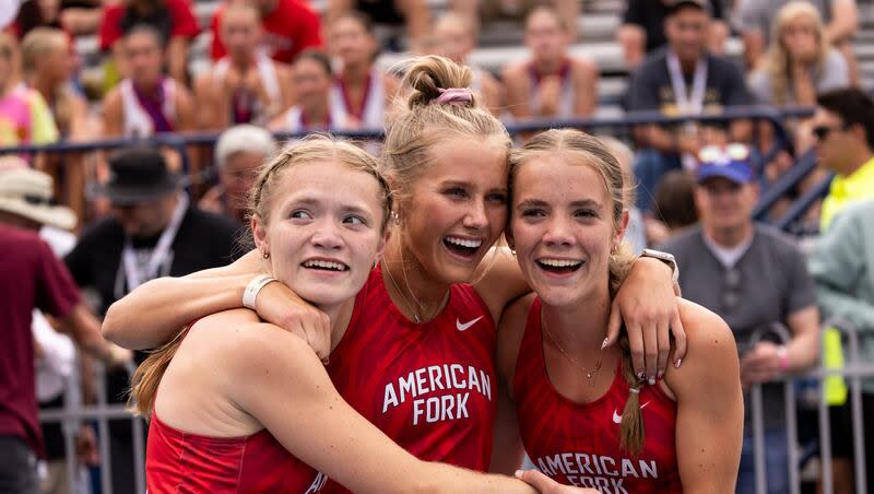 American Fork runners celebrate after finishing the 4x400-meter relay during the final day of the 6A Utah state track meet at the Track and Field Complex in Provo on Saturday, May 18, 2024.