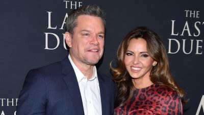 Matt Damon and Luciana Barroso's Relationship Timeline 2022 red cheeta print dress