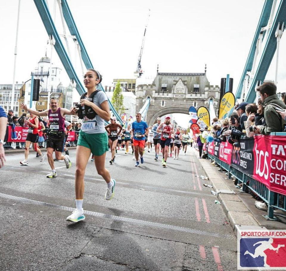 Emma Loffhagen crossing Tower Bridge at the halfway point of the 2024 London Marathon (Sportograf/Emma Loffhagen)