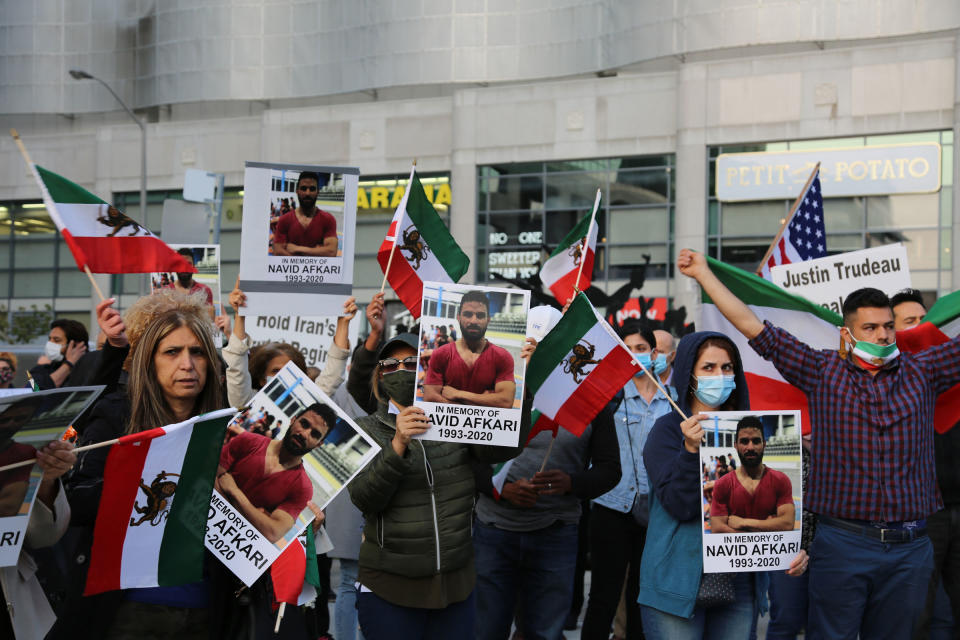 Iranians in Canada demonstrate against the execution of wrestler Navid Afkari by the Iranian regime, in Toronto, on Sept. 15, 2020.<span class="copyright">Sayed Najafizada/NurPhoto</span>