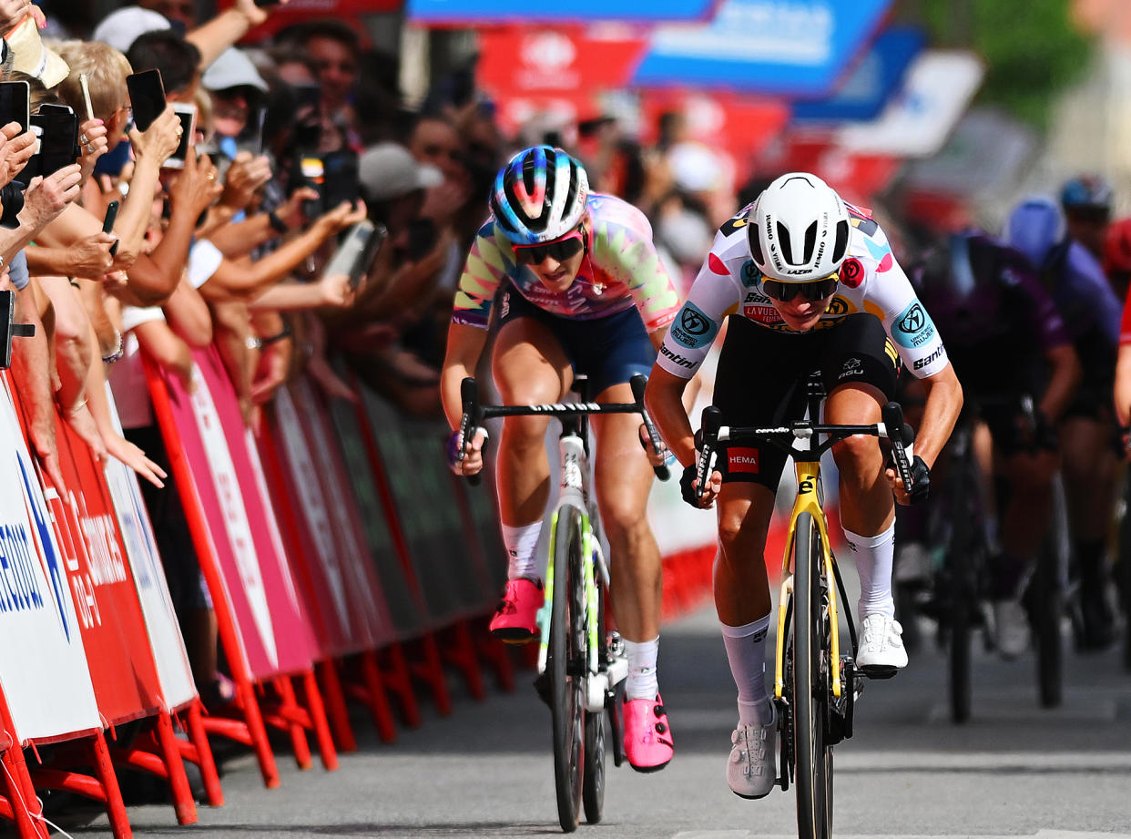  PILAR DE LA HORADADA, SPAIN - MAY 02: (L-R) ChloÃ© Dygert of The United States and Team Canyon//SRAM Racing, Marianne Vos of The Netherlands and Team Jumbo-Visma - Polka dot Mountain Jersey and Charlotte Kool of The Netherlands and Team DSM sprint at finish line during the 9th La Vuelta Femenina 2023, Stage 2 a 105.8km stage from Orihuela to Pilar de la Horadada / #UCIWWT / on May 02, 2023 in Pilar de la Horadada, Spain. (Photo by Dario Belingheri/Getty Images) 