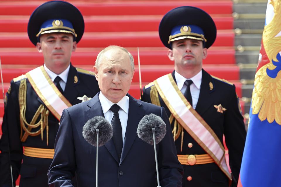 Russian President Vladimir Putin delivers a speech to the units of the Russian Defense Ministry, the Russian National Guard (Rosgvardiya), the Russian Interior Ministry, the Russian Federal Security Service and the Russian Federal Guard Service, who ensured order and legality during the mutiny, at the Kremlin in Moscow, Russia, Tuesday, June 27, 2023. (Sergei Guneyev, Sputnik, Kremlin Pool Photo via AP)