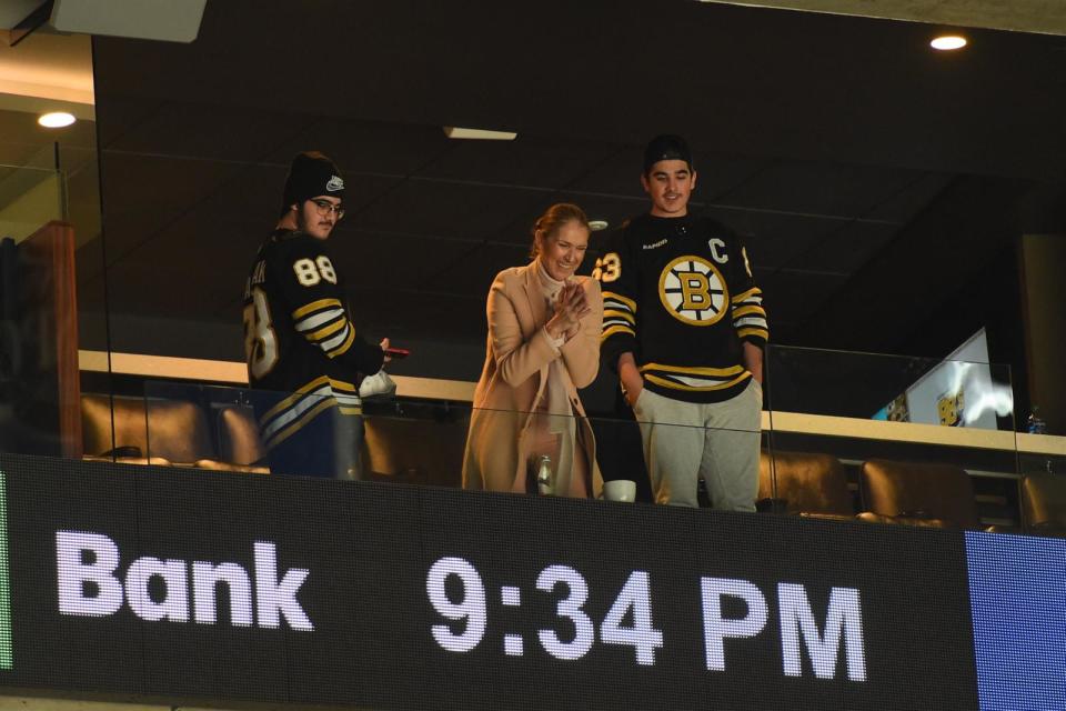 PHOTO:Celine Dion and her sons after the game of the Boston Bruins against the New York Rangers at the TD Garden, March 21, 2024, in Boston. (Steve Babineau/NHLI via Getty Images)