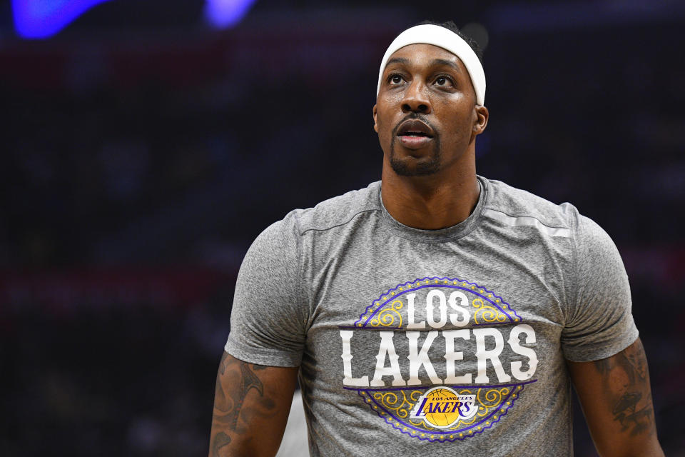 Los Angeles Lakers Center Dwight Howard (39) looks on before a NBA game between the Los Angeles Lakers and the Los Angeles Clippers on March 8, 2020 at STAPLES Center in Los Angeles, CA. (Photo by Brian Rothmuller/Icon Sportswire via Getty Images)