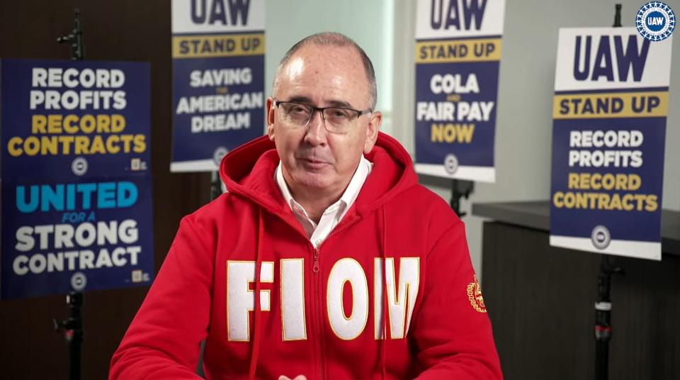 UAW President Shawn Fain appears for a strike update on Friday, Oct. 13, 2023.