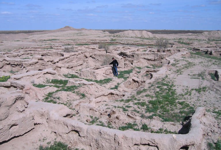 A view of the excavated fortress town of Gonur-Tepe 50 km from the modern city of Mary in the Kara Kum desert in remote western Turkmenistan, on April 2, 2013. The scale of the huge complex which spans some 30 hectares can only be properly appreciated from the air, from where the former buildings look like a maze in the desert surrounded by vast walls