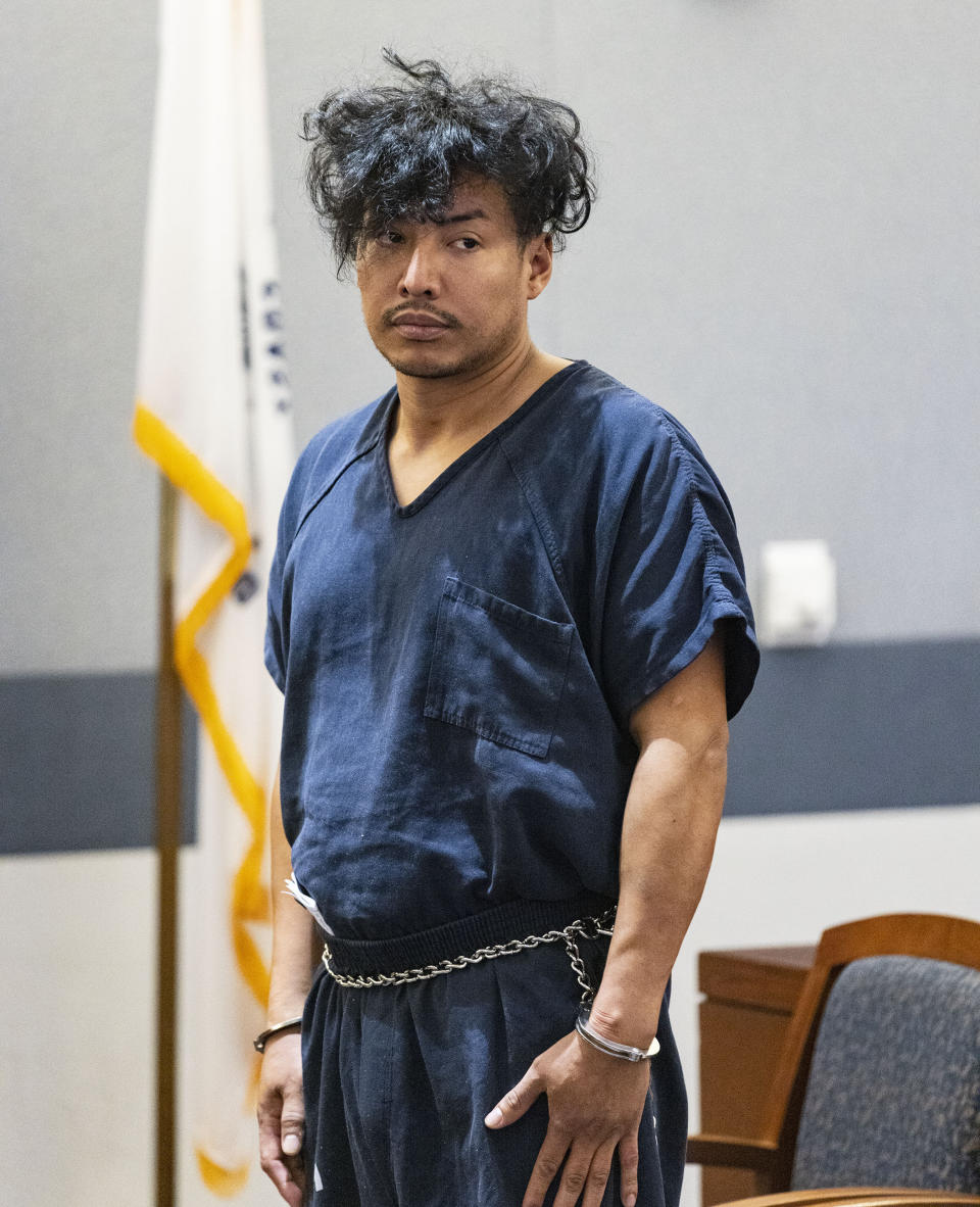 Yoni Barrios appears in court during a status check on the filing of a criminal complaint at the Regional Justice Center, on Tuesday, Oct. 11, 2022, in Las Vegas. Barrios is a suspect in a stabbing rampage on the Las Vegas Strip that left two people dead and six injured. (Bizuayehu Tesfaye /Las Vegas Review-Journal via AP)