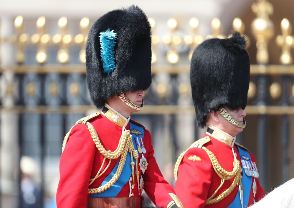 <p>Prince William wearing the traditional bearskin cap of the Queen's guard.</p>