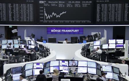 Traders work at their desks in front of the German share price index, DAX board, at the stock exchange in Frankfurt, Germany, October 19, 2016. REUTERS/Staff/Remote