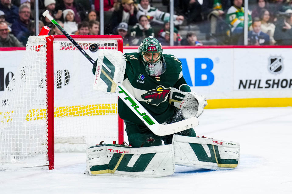Minnesota Wild goaltender Marc-Andre Fleury (29) makes a save in the third period during Monday's game against the New York Islanders. Fleury earned the 5-0 shutout and career win No. 552.