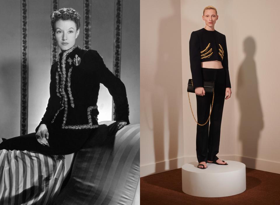 Millicent Rogers in an embellished Schiaparelli dinner suit, 1939; Schiaparelli, fall 2020 ready-to-wear.
