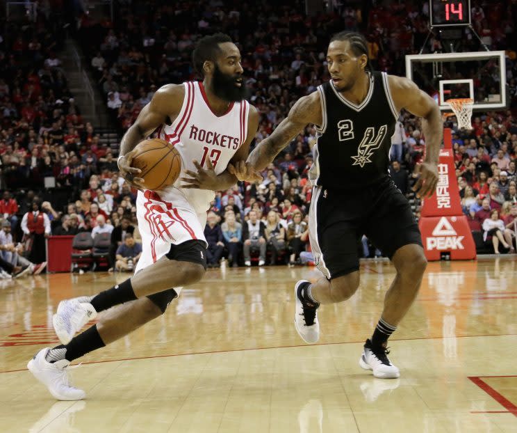 Kawhi Leonard can guard James Harden, but the same isn't true when you flip them around. (AP)